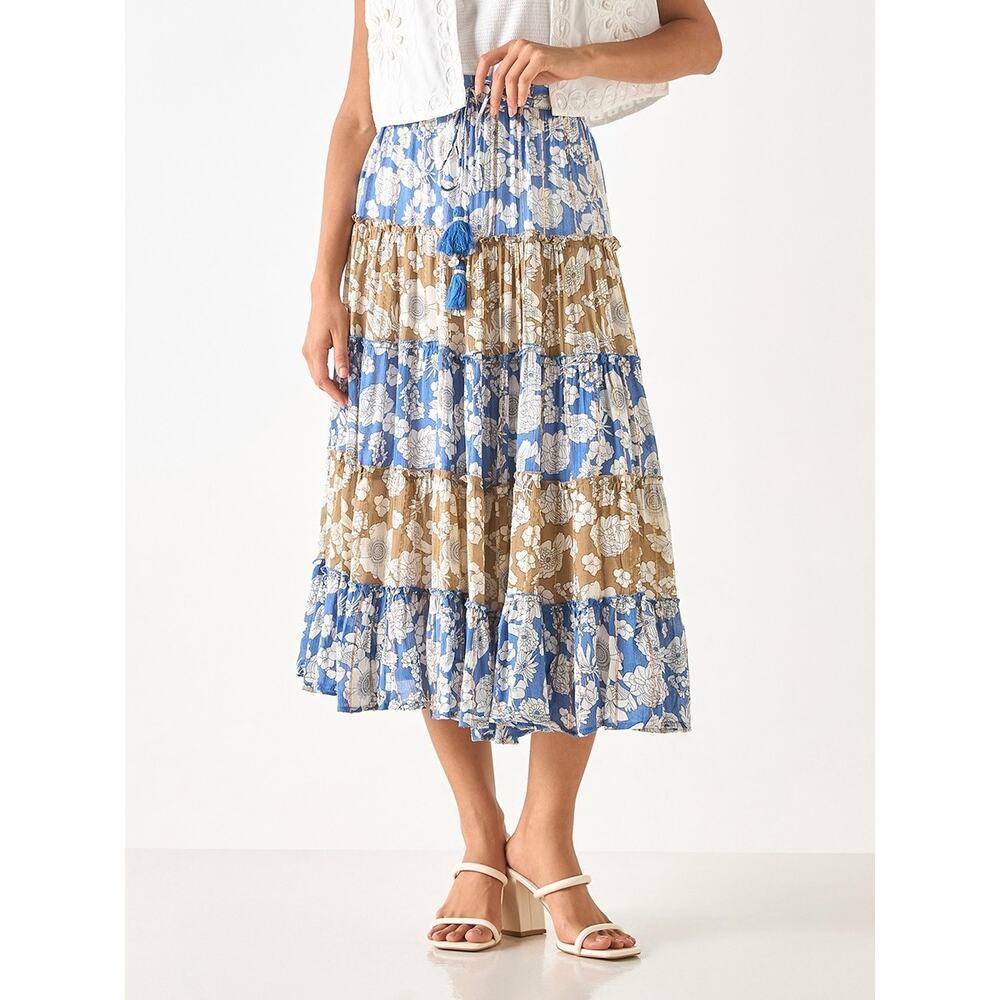 Splash Floral Print Tiered A Line Midi Skirt Medium Boho Cottagecore Picnic NWT